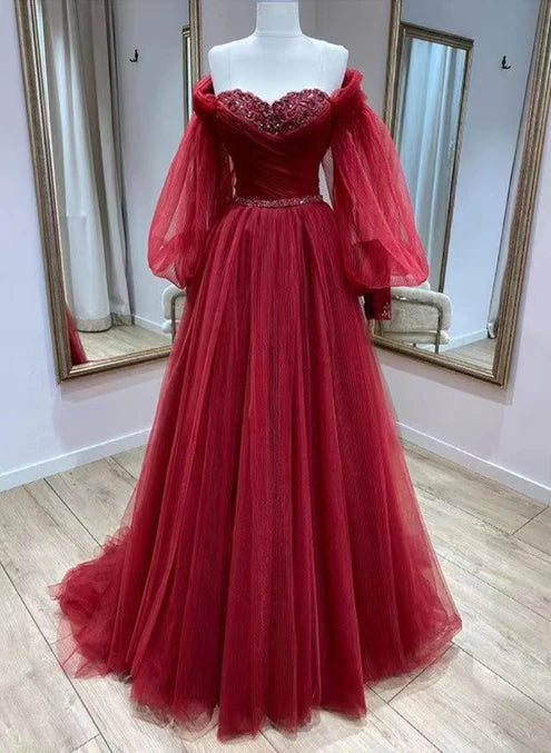 Luolandi Wine Red Tulle with Puffy Sleeves Long Party Dress Prom Dress Off Shoulder december wedding guest dress